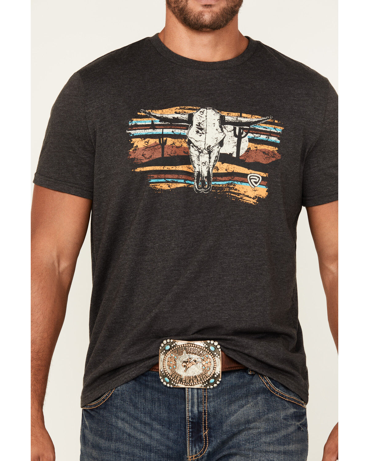 Image #3 - Rock & Roll Denim Men's Long Horn Short Sleeve Graphic T-Shirt, Charcoal, hi-res