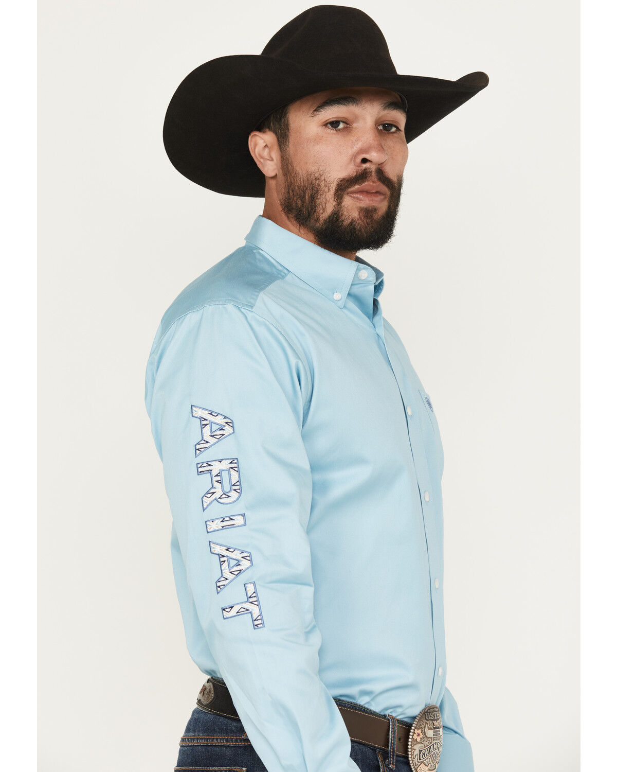 Image #1 - Ariat Men's Team Logo Long Sleeve Button-Down Western Shirt, Light Blue, hi-res