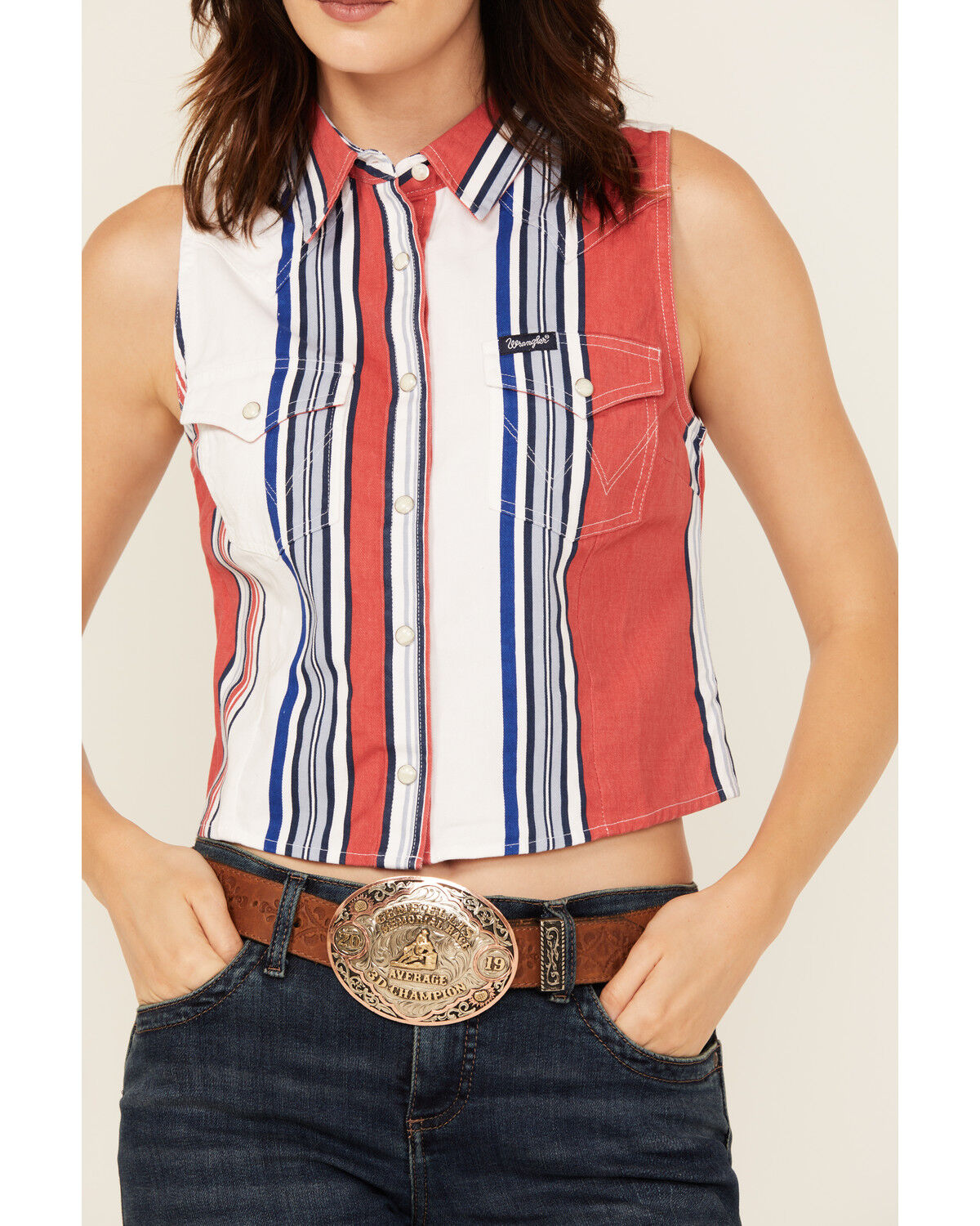 Image #3 - Wrangler Retro Women's Striped Print Sleeveless Snap Cropped Western Shirt, Red, hi-res
