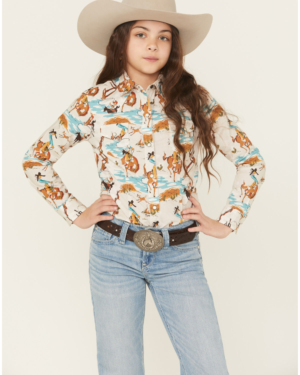 Image #1 - Cruel Girl Girls' Cowgirl Printed Long Sleeve Snap Western Shirt, Cream, hi-res