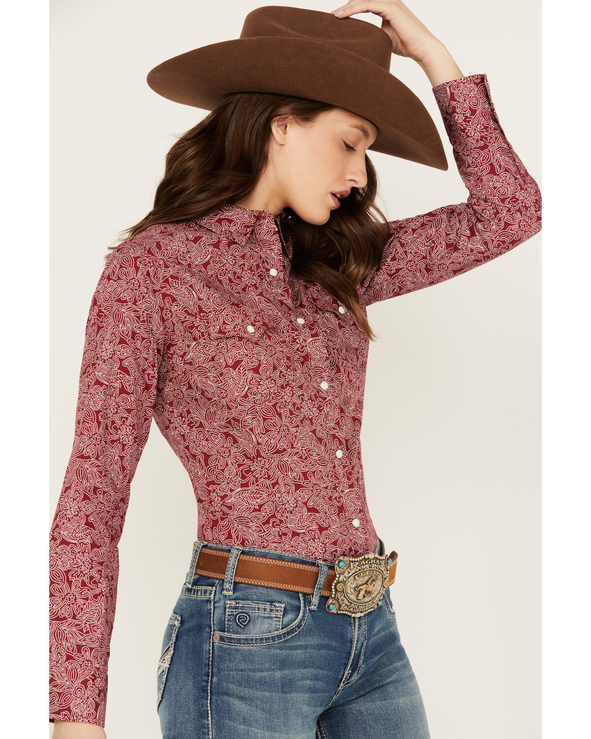 Image #2 - Wrangler Women's Floral Print Long Sleeve Snap Western Shirt, Red, hi-res