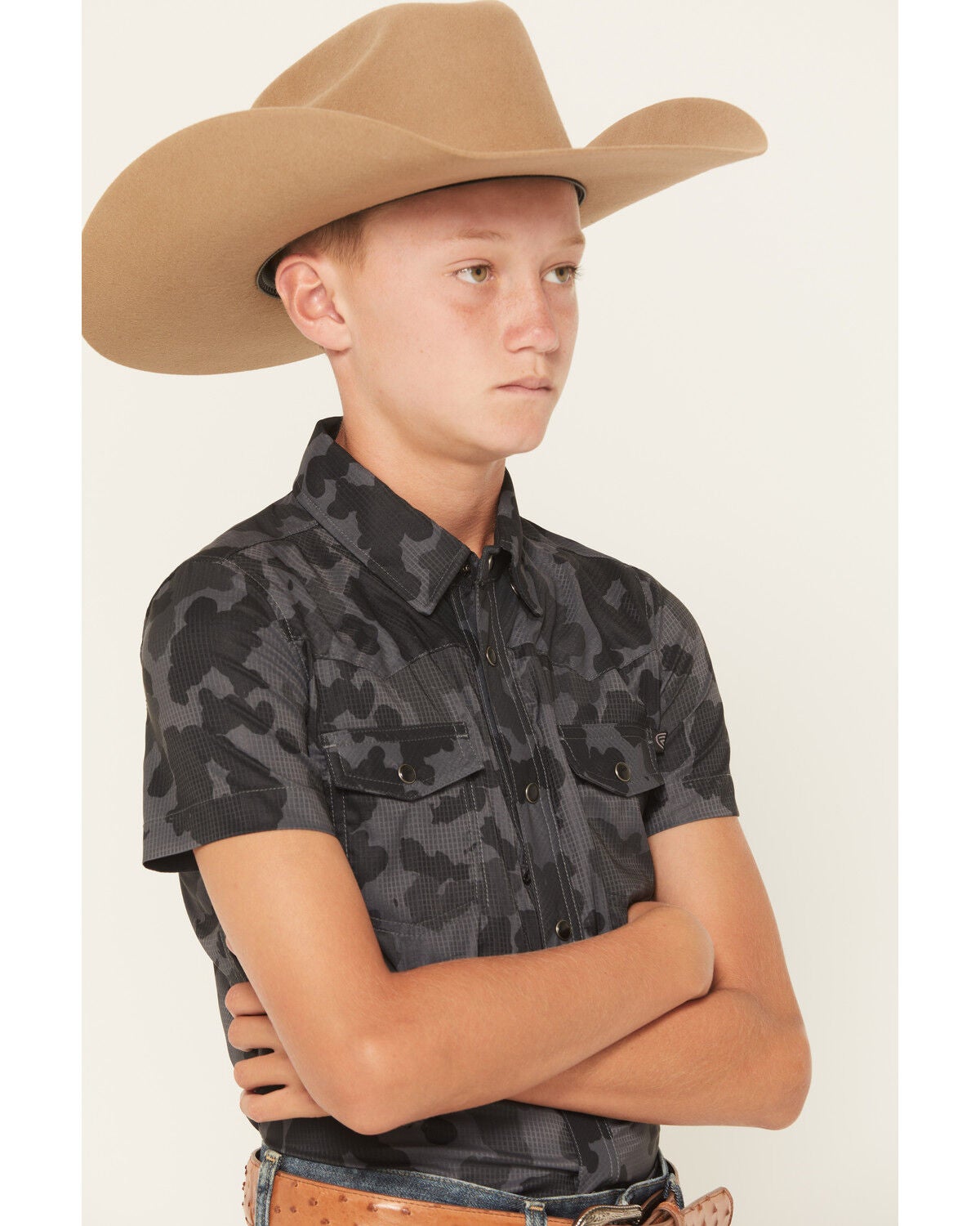 Image #2 - Rock & Roll Denim Boys' TEK Camo Print Short Sleeve Snap Western Shirt, Black, hi-res