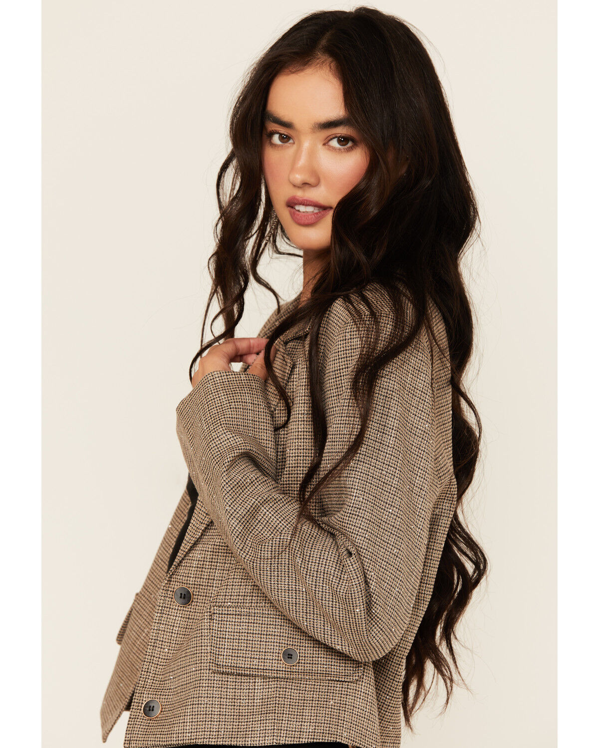Image #2 - Mystree Women's Plaid Print Rhinestone Cropped Blazer, Lt Brown, hi-res