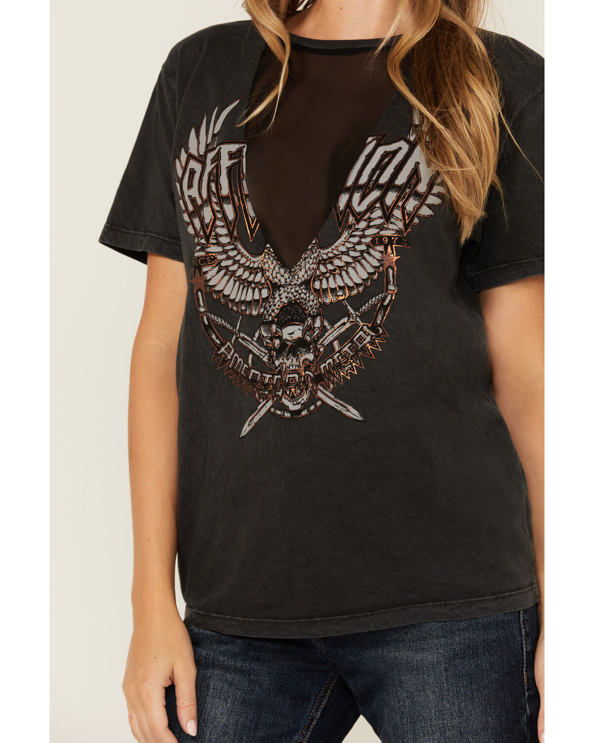 Image #3 - Affliction Women's Deep V Mesh Insert Short Sleeve Graphic Tee, Black, hi-res