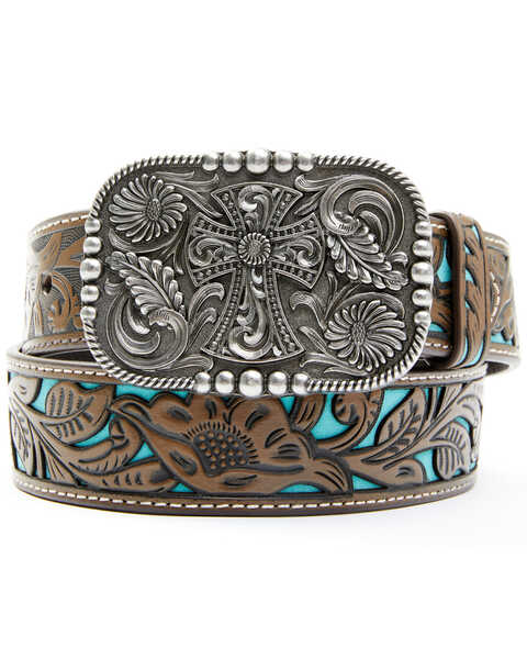 Shyanne Women's Tooled Cross Leather Belt, Chocolate/turquoise, hi-res