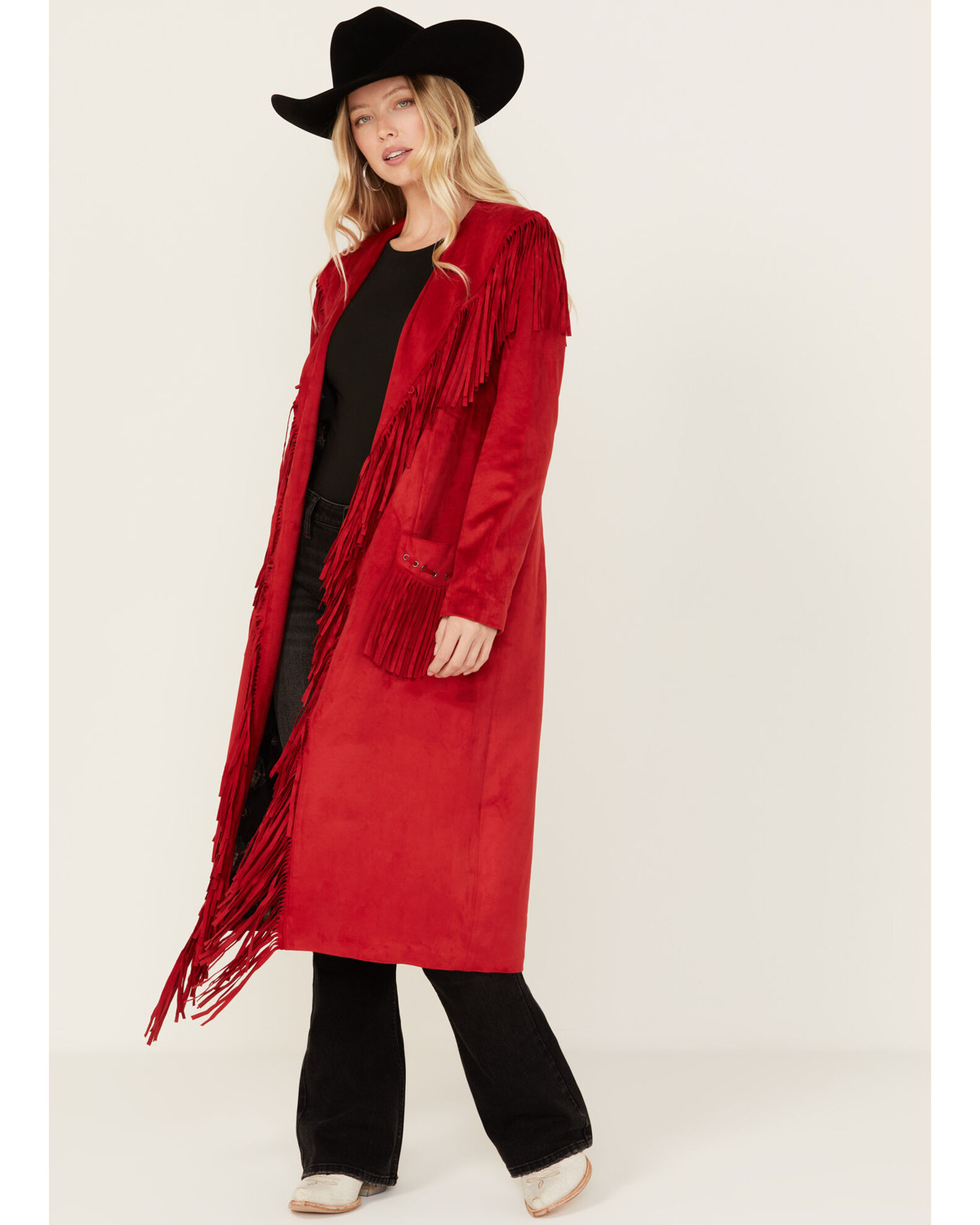 Red suede fringe jacket online