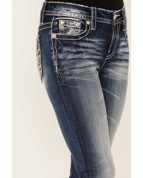 Image #4 - Miss Me Women's Medium Wash Mid Rise Embroidered Sequin Bootcut Stretch Denim Jeans, Dark Blue, hi-res