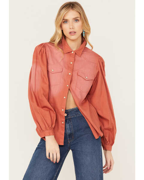 Image #1 - Panhandle Women's Ombre Puff Long Sleeve Snap Western Shirt, Coral, hi-res