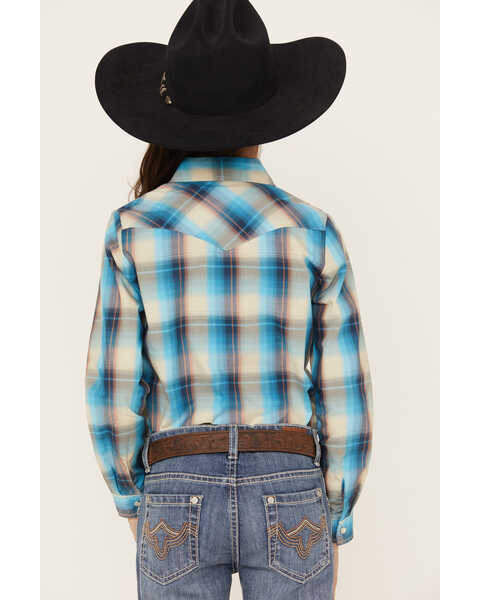 Image #4 - Roper Girls' Plaid Print Long Sleeve Pearl Snap Western Shirt, Blue, hi-res