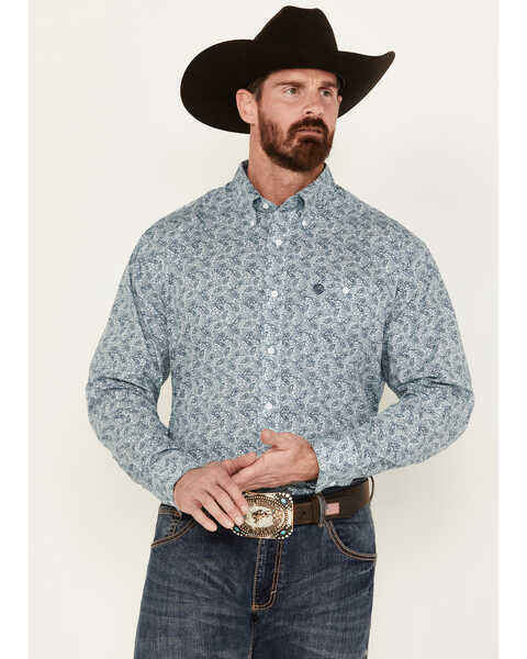 George Strait by Wrangler Men's Paisley Print Long Sleeve Button-Down Western Shirt - Big, Aqua, hi-res