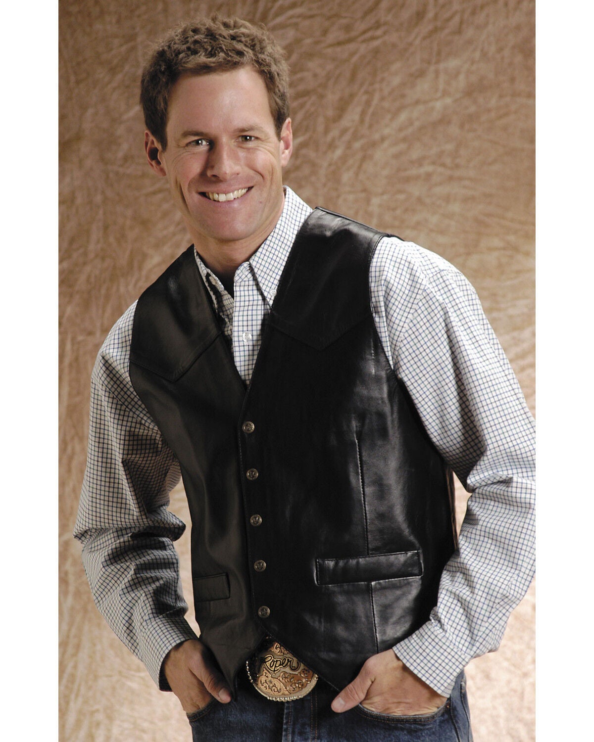 Roper Lamb Leather Black Vest - Big & Tall, Black, hi-res