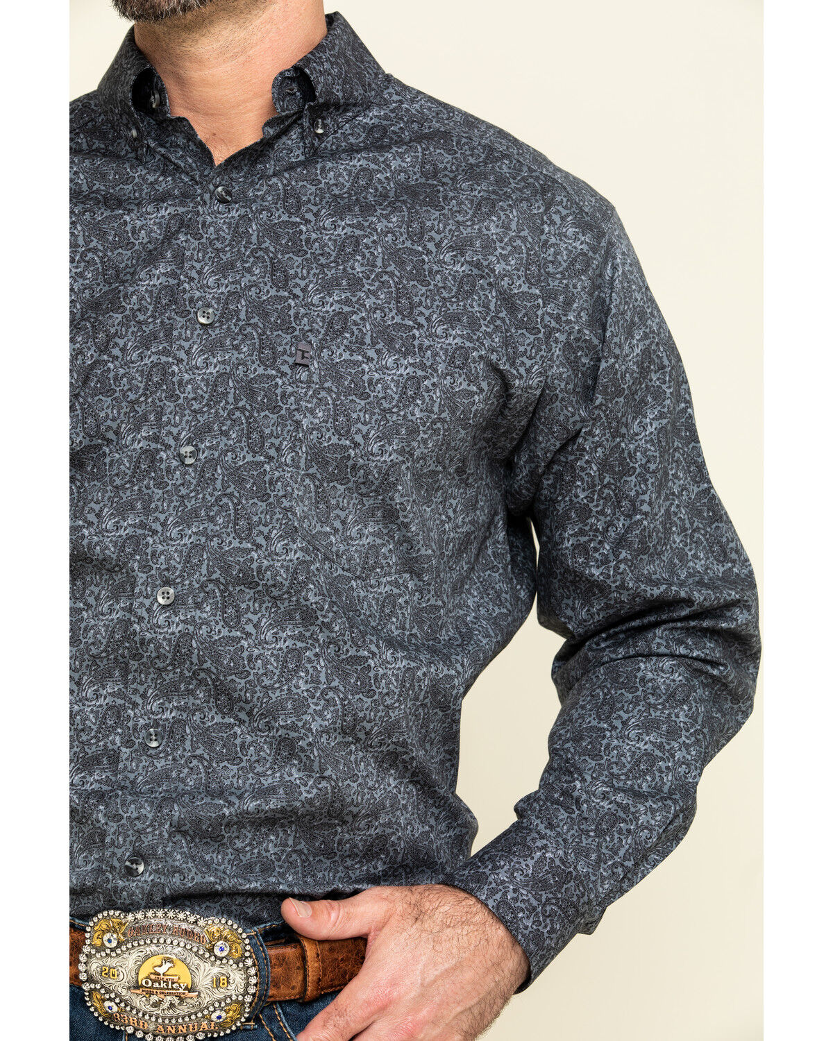 Image #4 - Tuf Cooper Men's Black Stretch Paisley Poplin Print Long Sleeve Western Shirt, Charcoal, hi-res