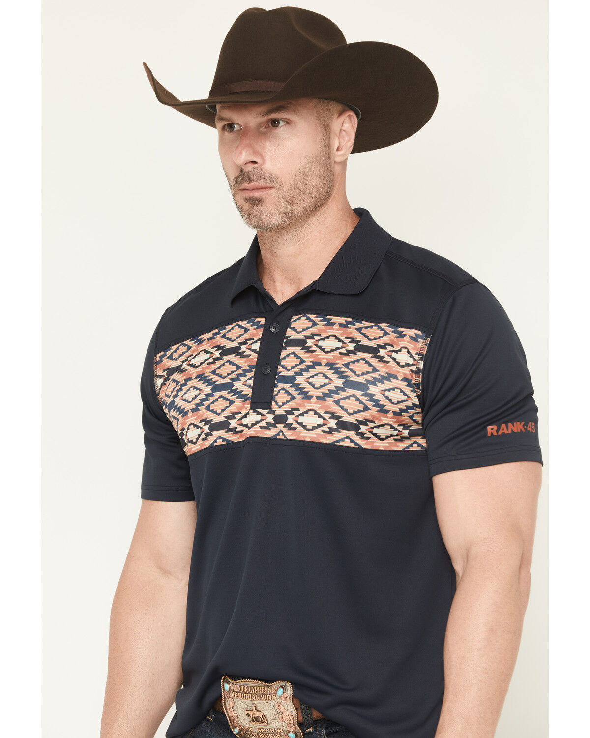 Image #2 - RANK 45® Men's Southwestern Print Border Short Sleeve Button-Down Polo, Navy, hi-res