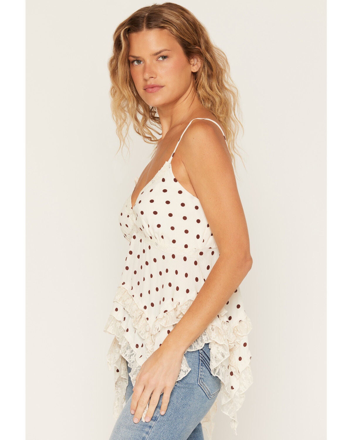 Image #2 - Wild Moss Women's Polka Dot Lace Hanky Hem Sleeveless Top, Ivory, hi-res