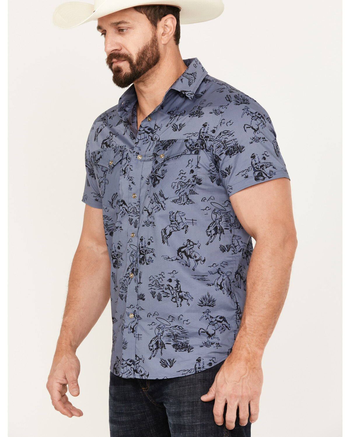 Image #2 - Pendleton Men's Laramie Cowboy Print Short Sleeve Snap Western Shirt, Blue, hi-res