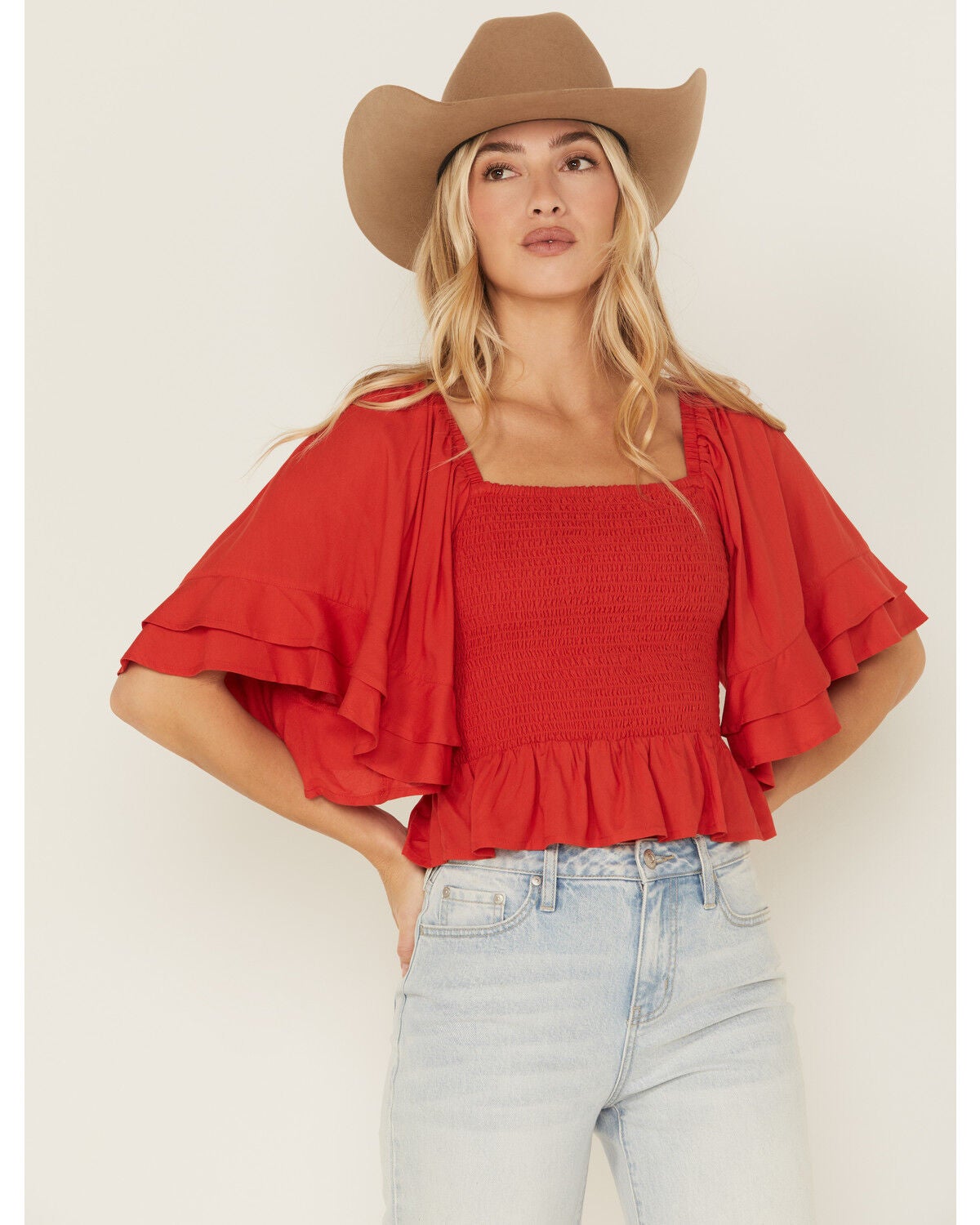 Shyanne Women's Ruffle Sleeve Top, Red