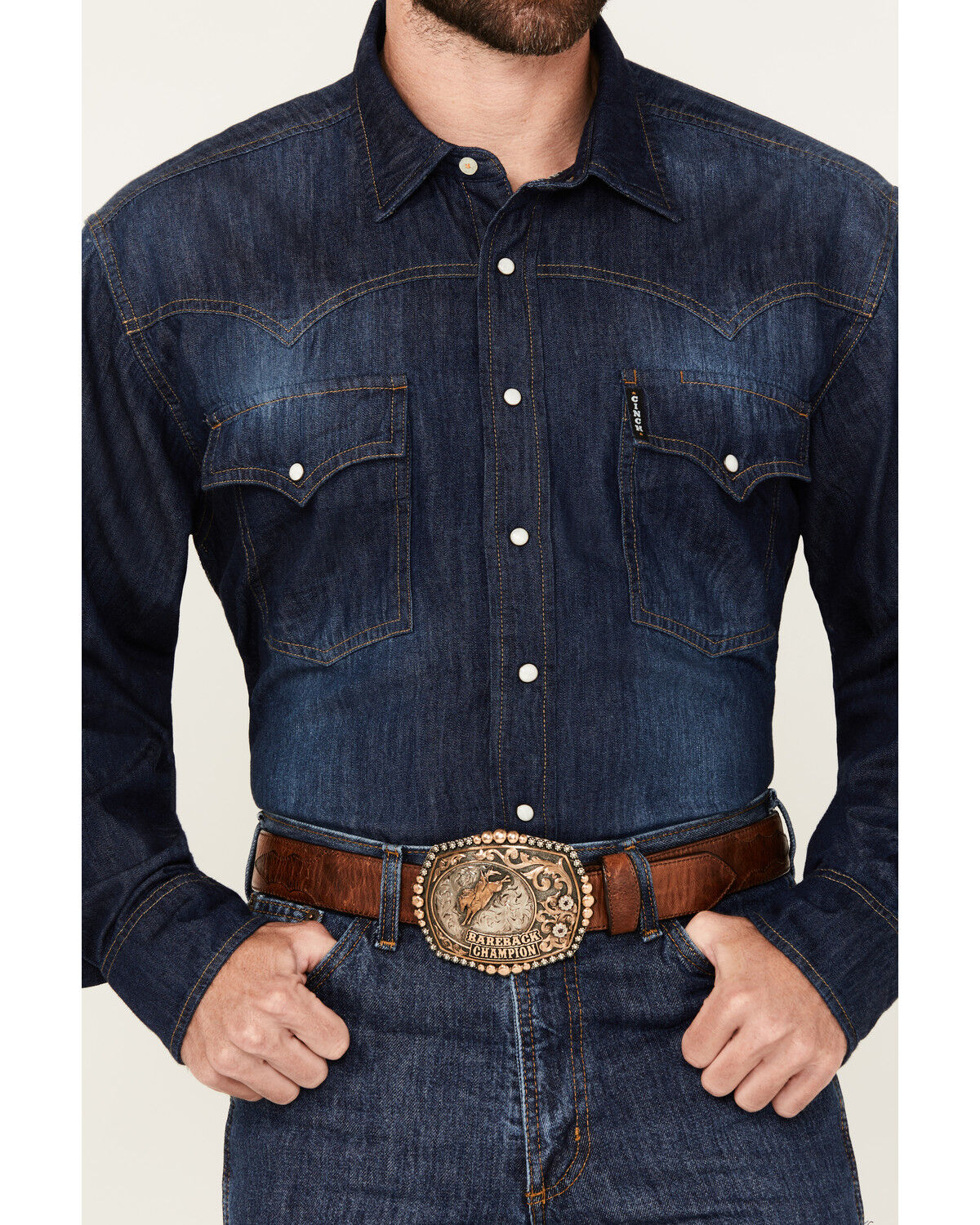Image #3 - Cinch Men's Denim Long Sleeve Western Snap Shirt, Indigo, hi-res