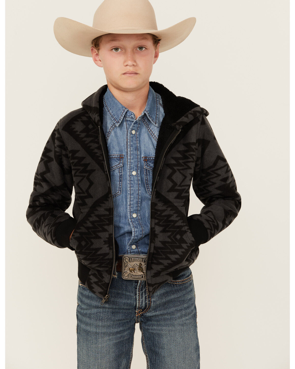Image #1 - Cody James Boys' Basin Southwestern Print Hooded Jacket, Charcoal, hi-res