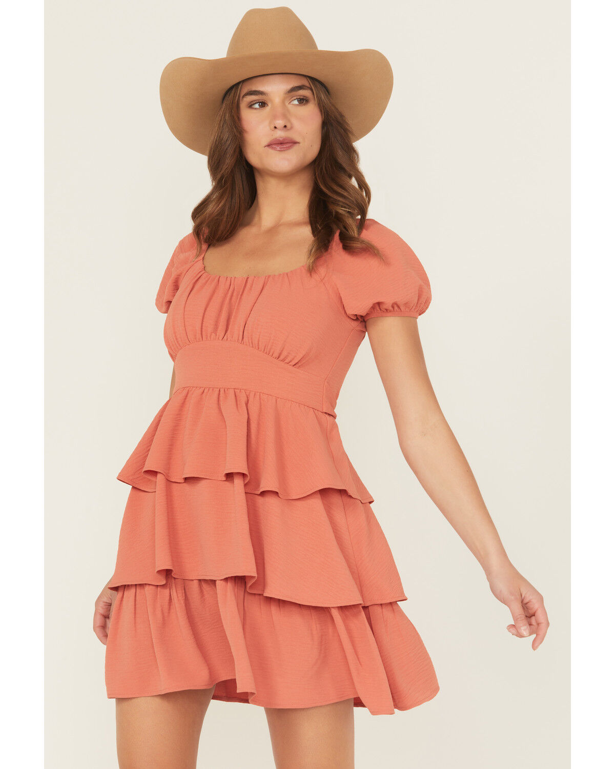Image #2 - Originality Women's Solid Puff Sleeve Mini Dress, Sienna, hi-res
