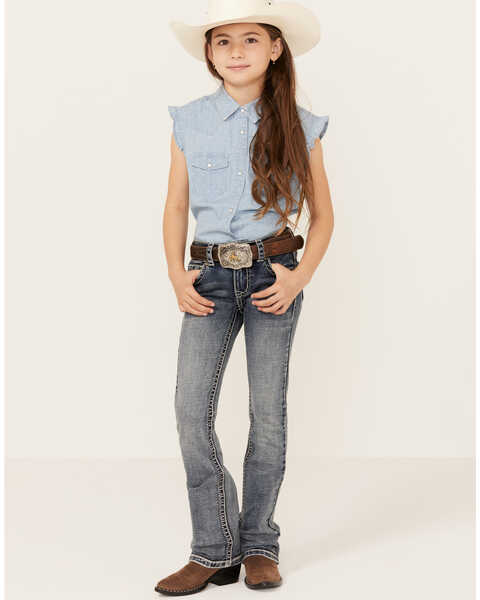 Shyanne Little Girls' Medium Wash Faded Paisley Pocket Stretch Bootcut Jeans , Blue, hi-res