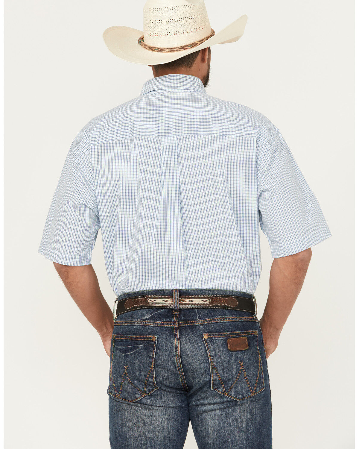 Image #4 - George Strait by Wrangler Men's Plaid Print Short Sleeve Button-Down Stretch Western Shirt, Blue, hi-res