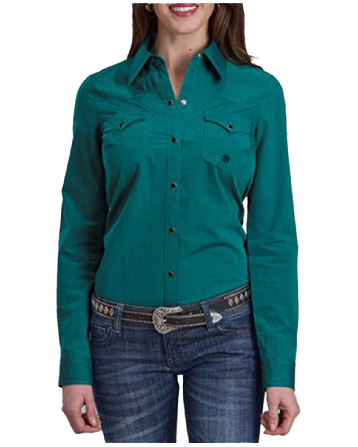 Image #1 - Roper Women's Solid Long Sleeve Snap Western Shirt, Teal, hi-res