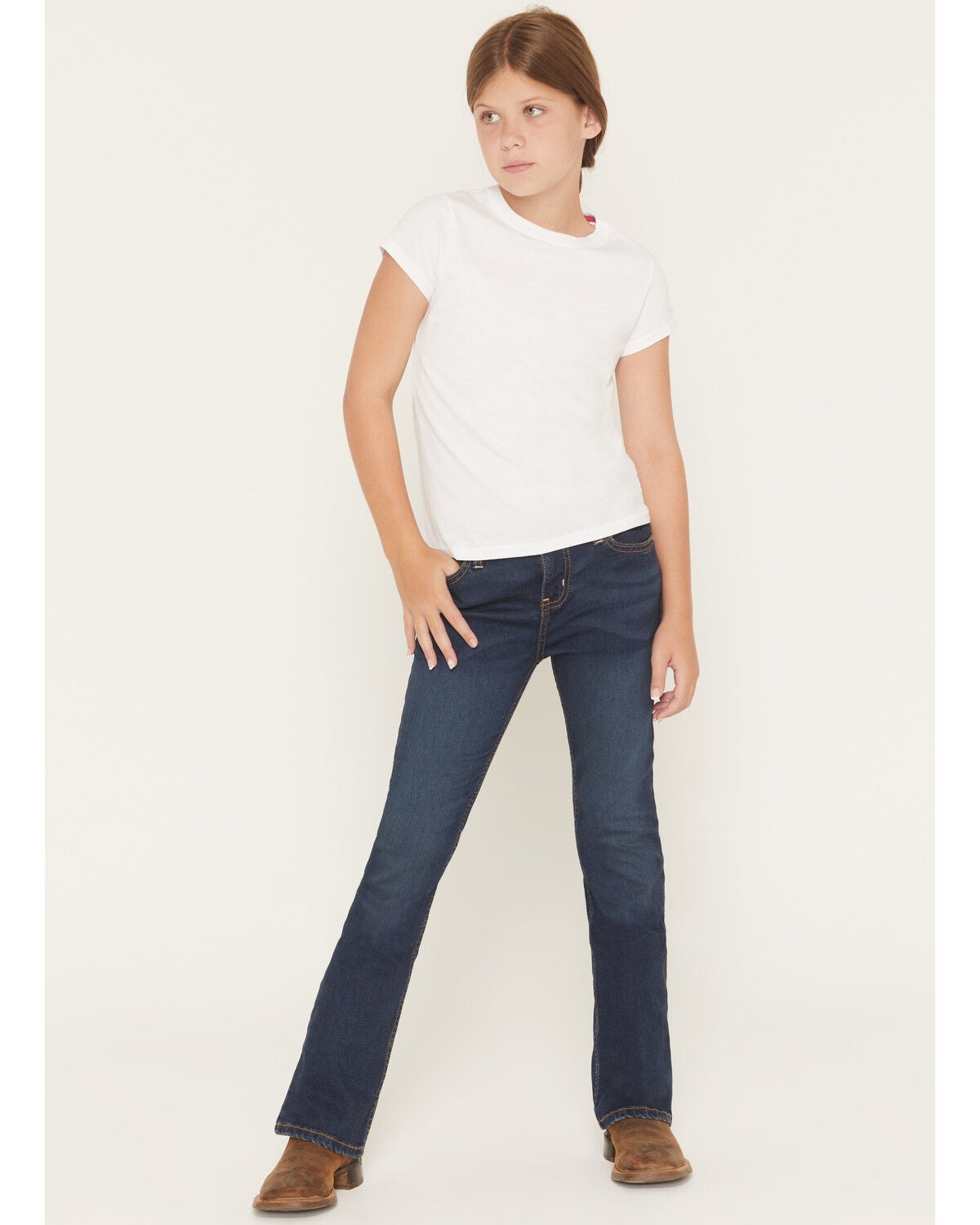 Shyanne Girls' Shayla Troy Dark Wash Mid Rise Bootcut Stretch Denim Jeans, Dark Wash, hi-res