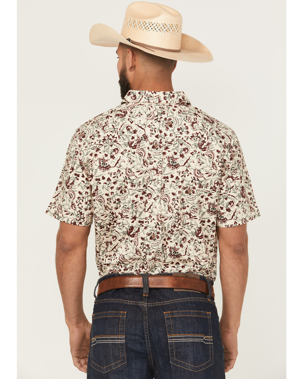 Image #4 - Cody James Men's Red River Floral Print Short Sleeve Button-Down Stretch Western Shirt, Tan, hi-res