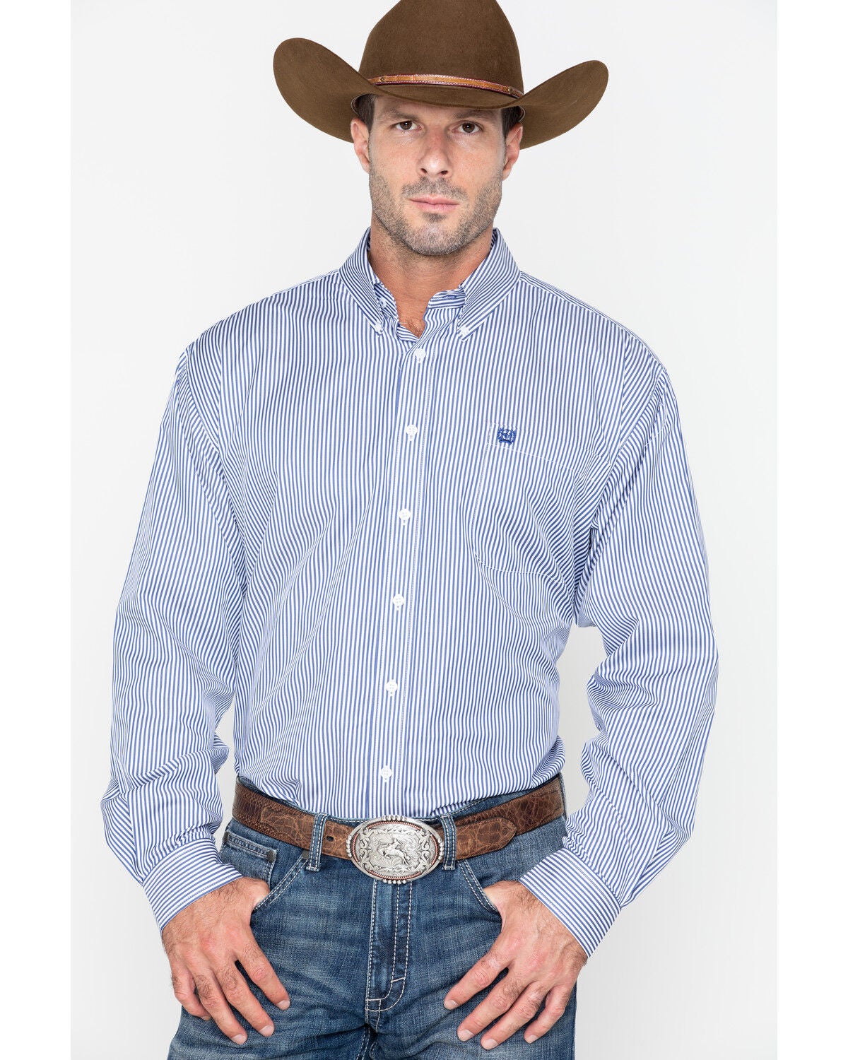 Image #1 - Cinch Men's Striped Print Tencel Long Sleeve Button-Down Western Shirt - Big & Tall, Royal Blue, hi-res