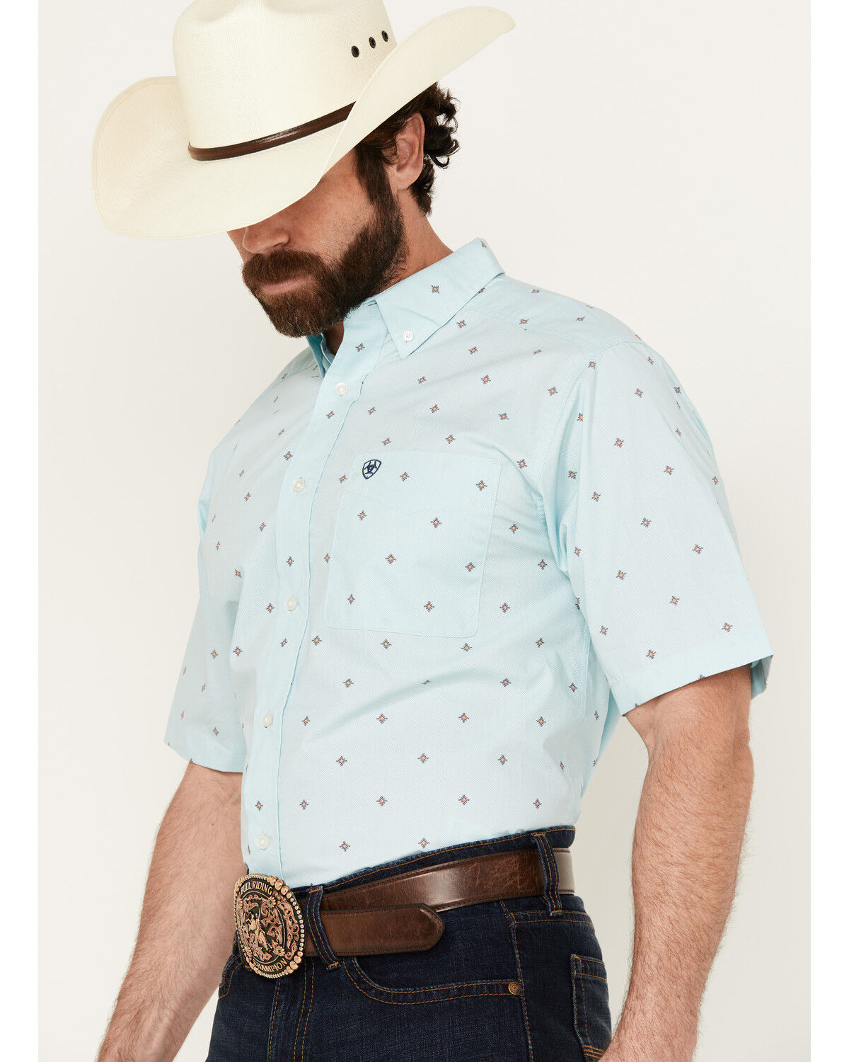 Image #2 - Ariat Men's Royce Geo Print Short Sleeve Button-Down Western Shirt, Light Blue, hi-res