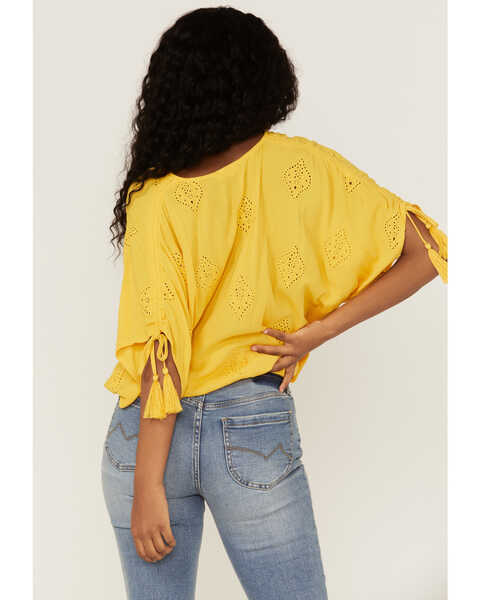 Miss Me Women's Mustard Button Front Embroidered Tassel Trim Top, Yellow, hi-res