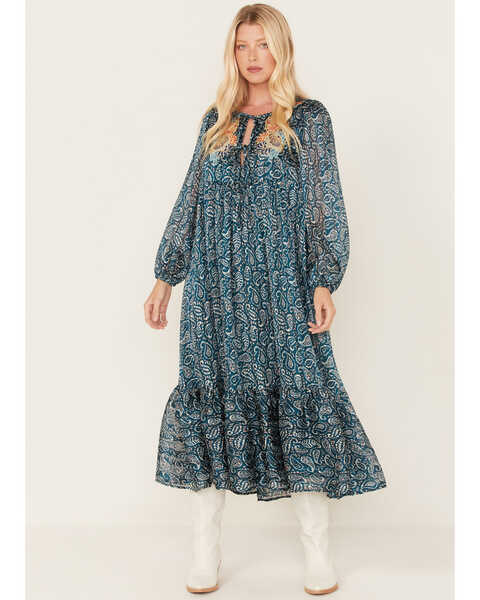 Image #1 - Molly Bracken Women's Paisley Print Midi Dress, Teal, hi-res