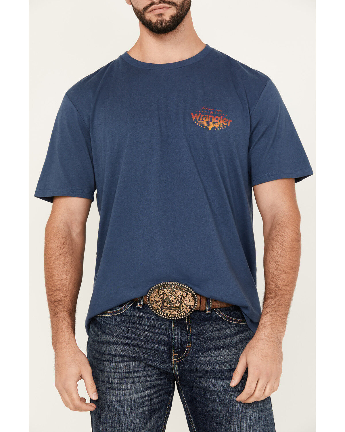 Image #3 - Wrangler Men's Boot Barn Exclusive Ombre Logo Short Sleeve Graphic T-Shirt, Indigo, hi-res