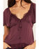 Image #3 - Wild Moss Women's Short Sleeve Lace Inset Top, Wine, hi-res