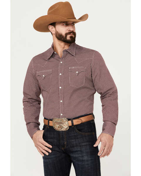 Stetson Men's Diamond Geo Print Long Sleeve Western Snap Shirt, Burgundy, hi-res