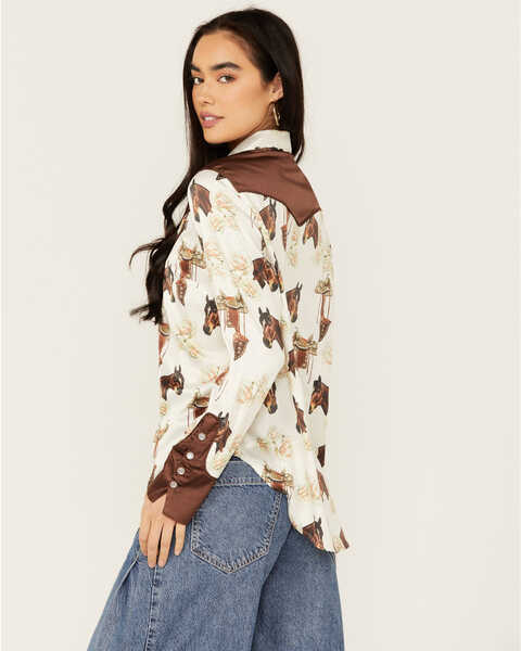 Image #4 - Rodeo Quincy Women's Horse Print Long Sleeve Pearl Snap Western Shirt , Ivory, hi-res