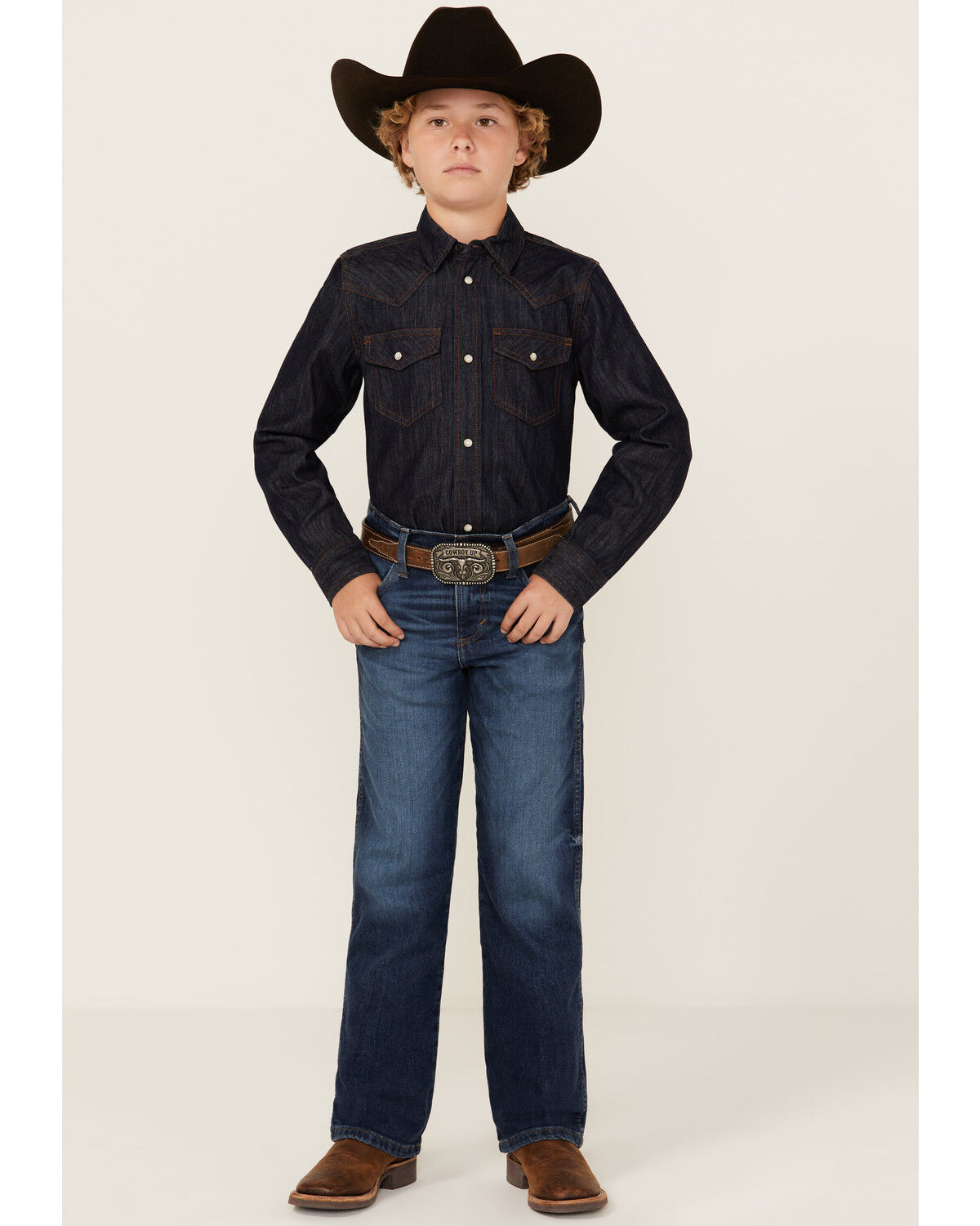 Image #1 - Wrangler Retro Boys' Troxler Dark Wash Relaxed Bootcut Stretch Denim Jeans, Blue, hi-res