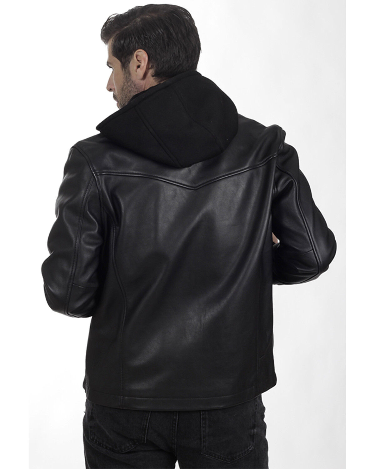 Image #3 - Frye Men's Racer Zip-Up Hooded Leather Jacket, Black, hi-res