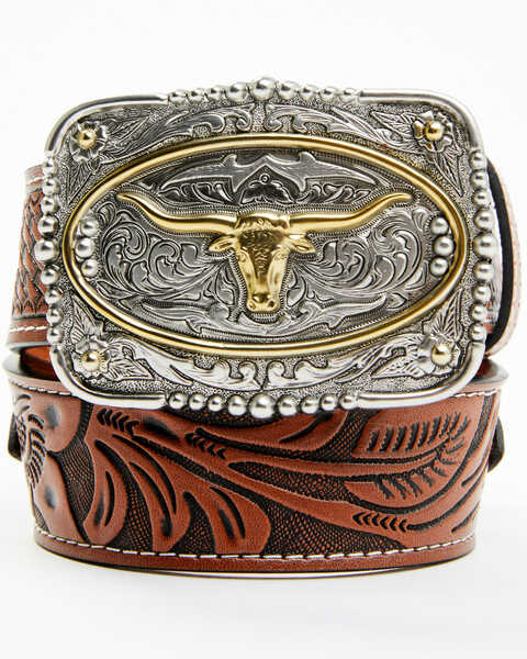 Image #1 - Cody James Boys' Longhorn Tooled Buckle Belt, Tan, hi-res