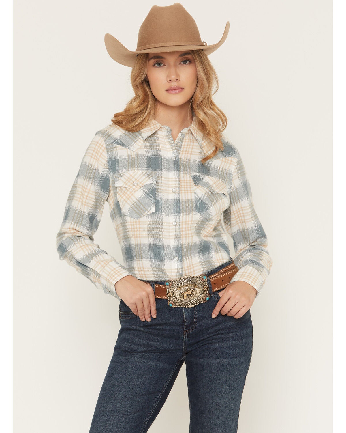 Wrangler Retro Women's Boot Barn Exclusive Plaid Print Long Sleeve Pearl Snap Flannel Shirt, Teal, hi-res
