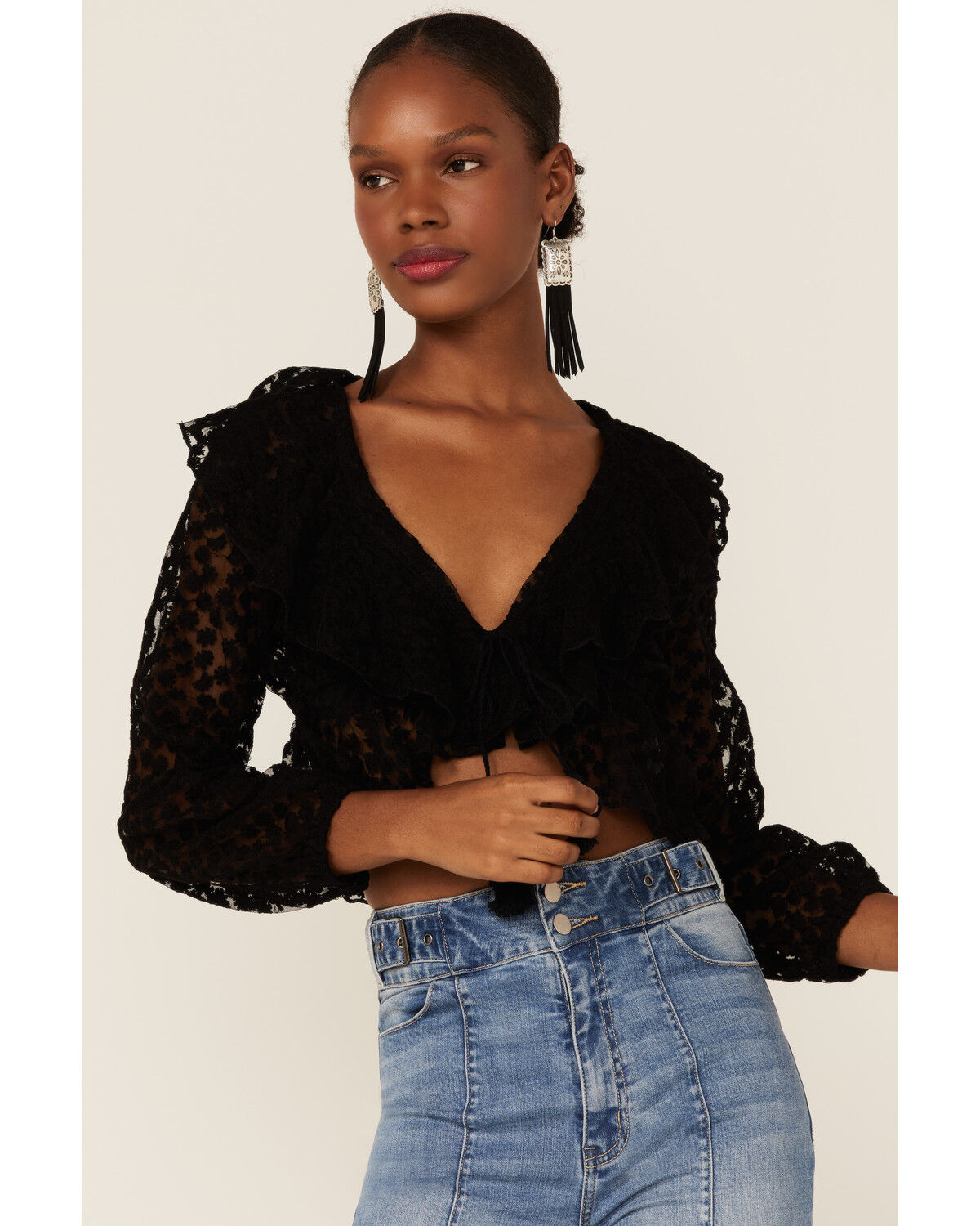 Image #1 - Saints & Hearts Women's Floral Lace Ruched Crop Top, Black, hi-res