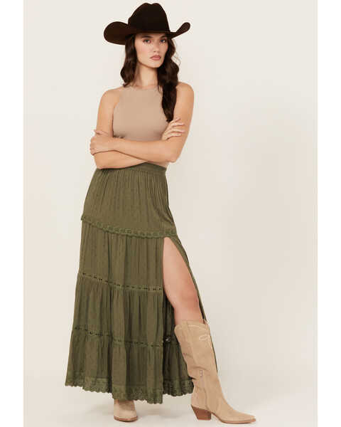 Image #1 - Angie Women's Tiered Maxi Skirt, Olive, hi-res