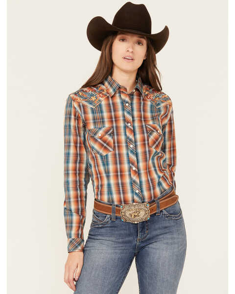 Image #1 - Rough Stock by Panhandle Women's Plaid Print Long Sleeve Pearl Snap Stretch Western Shirt, Rust Copper, hi-res