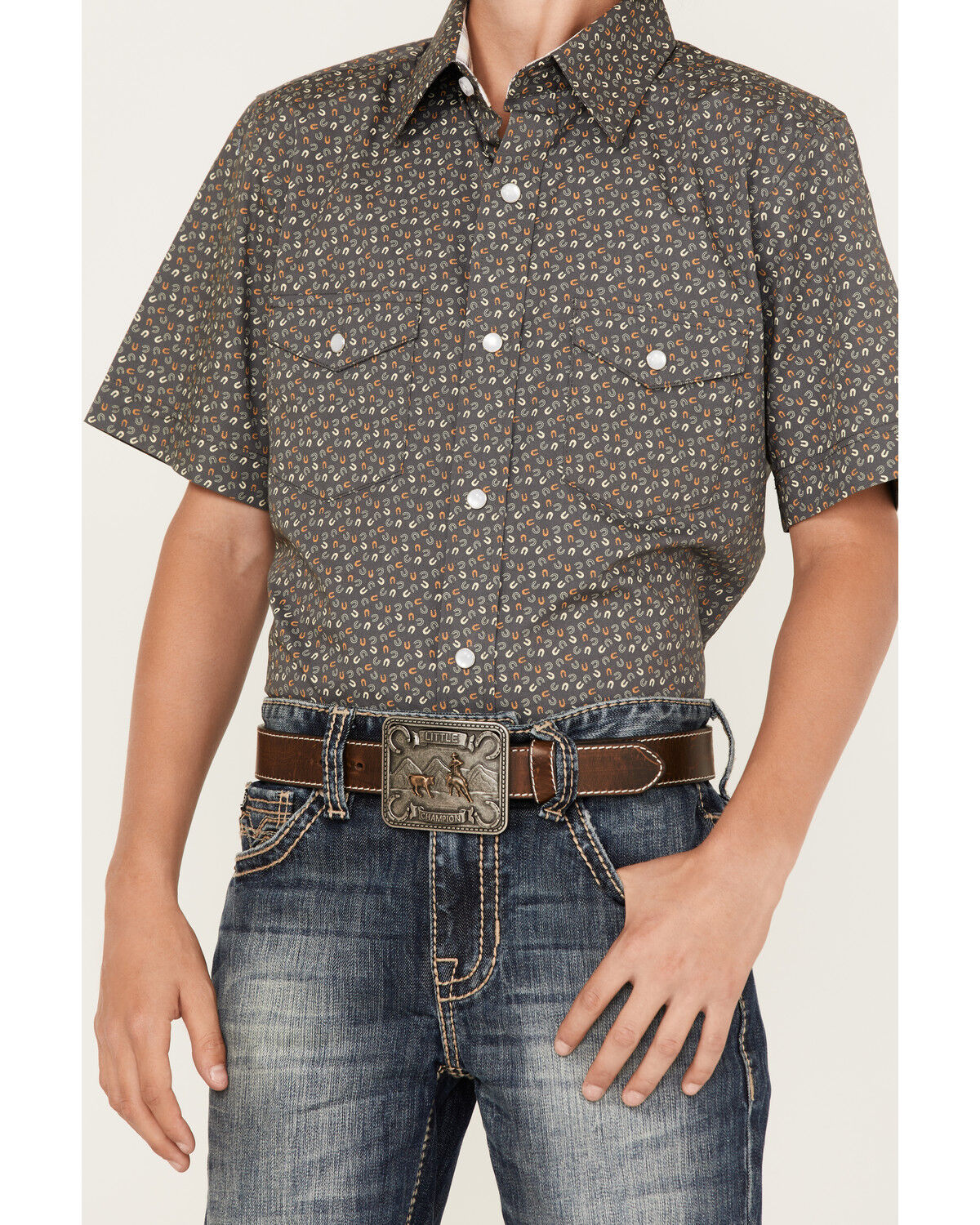 Image #3 - Panhandle Boys' Horseshoe Print Short Sleeve Western Pearl Snap Shirt, Yellow, hi-res