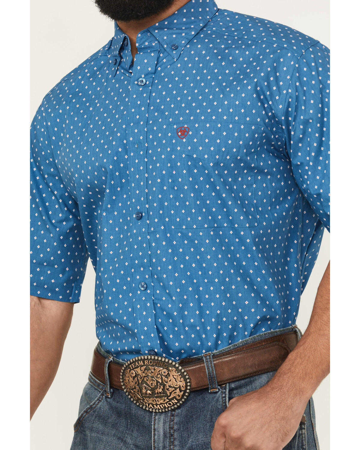 Image #3 - Ariat Men's Scott Geo Print Short Sleeve Button-Down Western Shirt, Dark Teal, hi-res