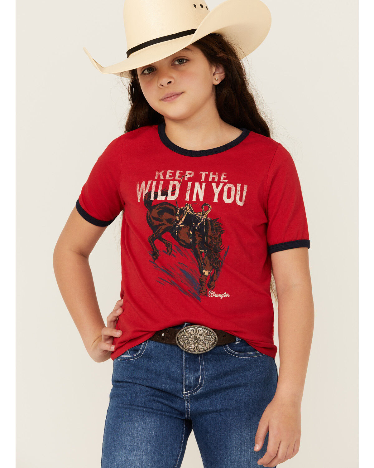Image #1 - Wrangler Girls' Bucking Bronco Short Sleeve Graphic Tee, Red, hi-res