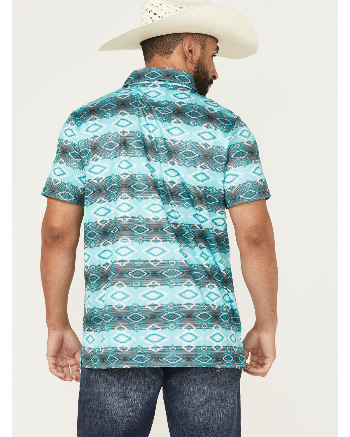 Image #4 - Rock & Roll Denim Men's Southwestern Print Short Sleeve Button-Down Stretch Polo Shirt, Turquoise, hi-res