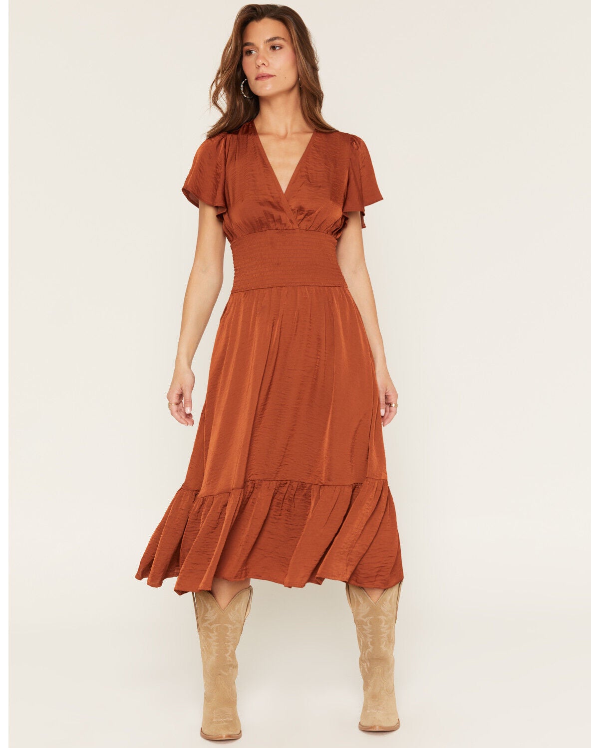 Shyanne Women's Savina Flutter Sleeve Smocked Midi Dress, Brown, hi-res