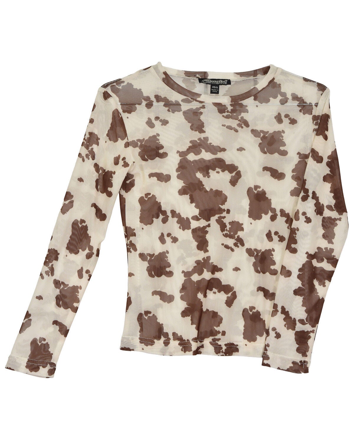 Cowgirl Hardware Girls' Cow Print Mesh Long Sleeve Top, Multi, hi-res
