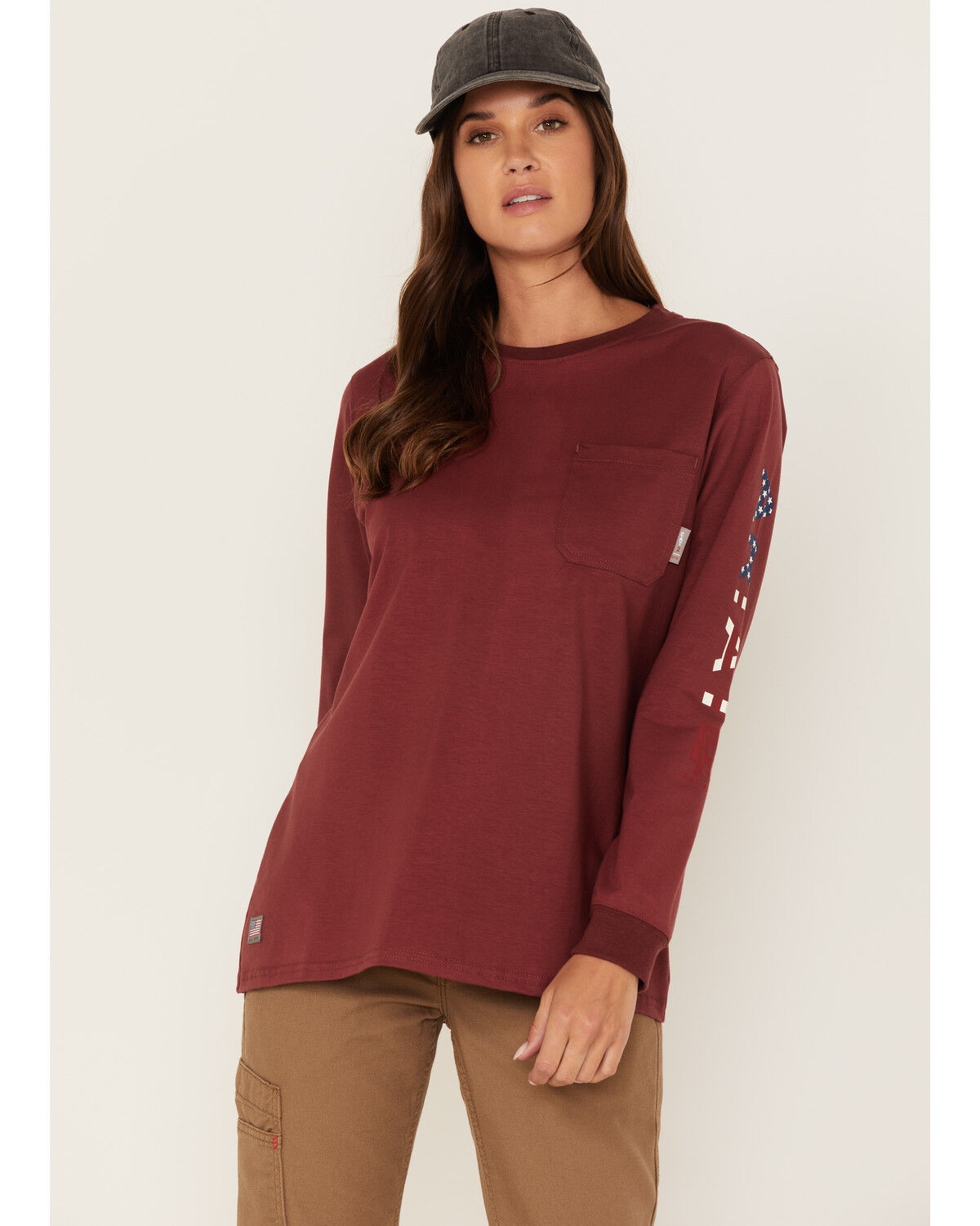 Image #1 - Ariat Women's FR Stretch USA Logo Long Sleeve Work T-Shirt, Dark Red, hi-res